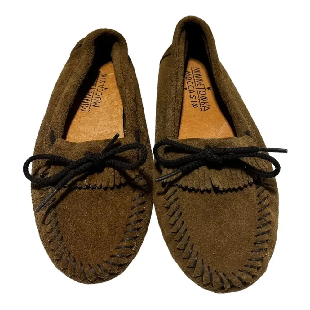 Minnetonka brown leather moccasins KIDS SIZE 2 boy girl unisex